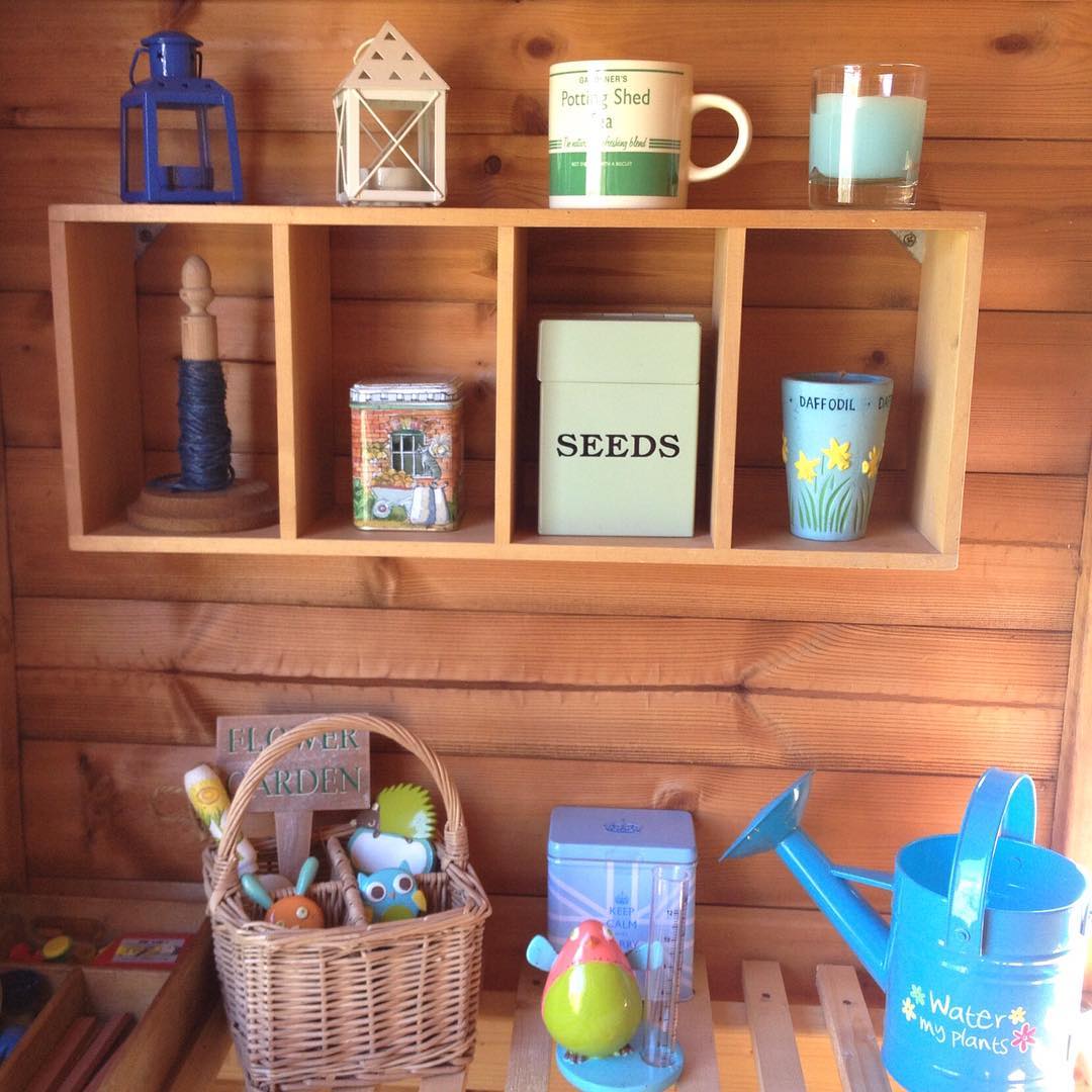 floating shelves installed in a garden shed photo by Instagram user @lavenderandlemonbalm