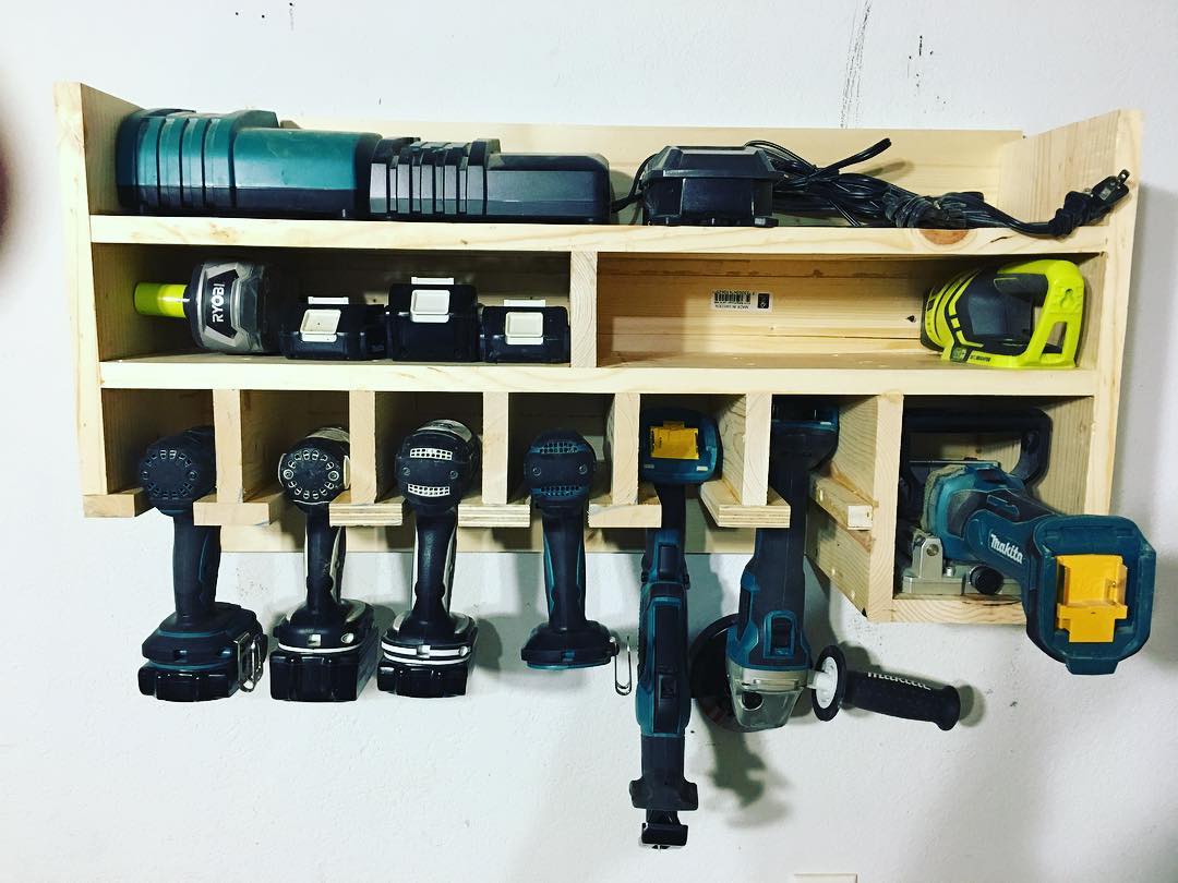 power tools stored inside of a handmade tool holder photo by Instagram user @mynextprojects