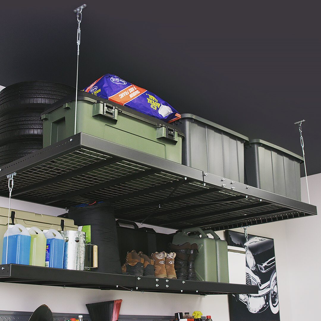 overhead storage racks hanging from the ceiling photo by Instagram user @newageproductsinc