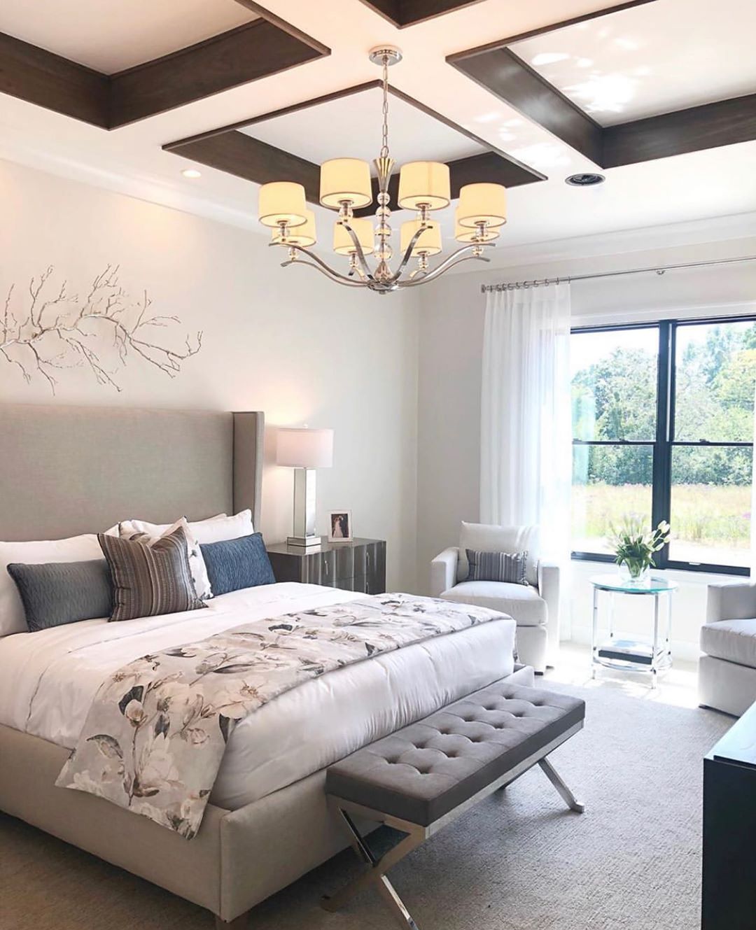 Large First-Floor Master Bedroom with Recessed Ceiling Detail. Photo by Instagram user @yournewhometeamohio