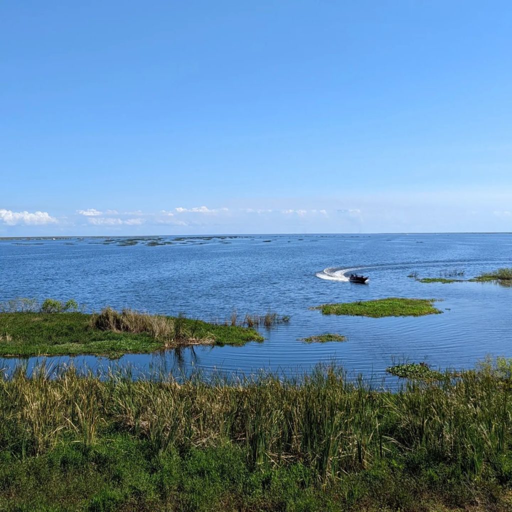 A boat speeding between green plant-covered islands on the lake during a clear day. Photo via Instagram user @sheltonshots