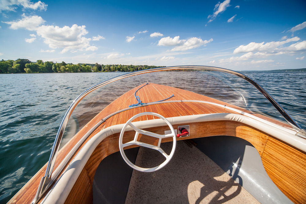 Interior shot of boat floating in lake