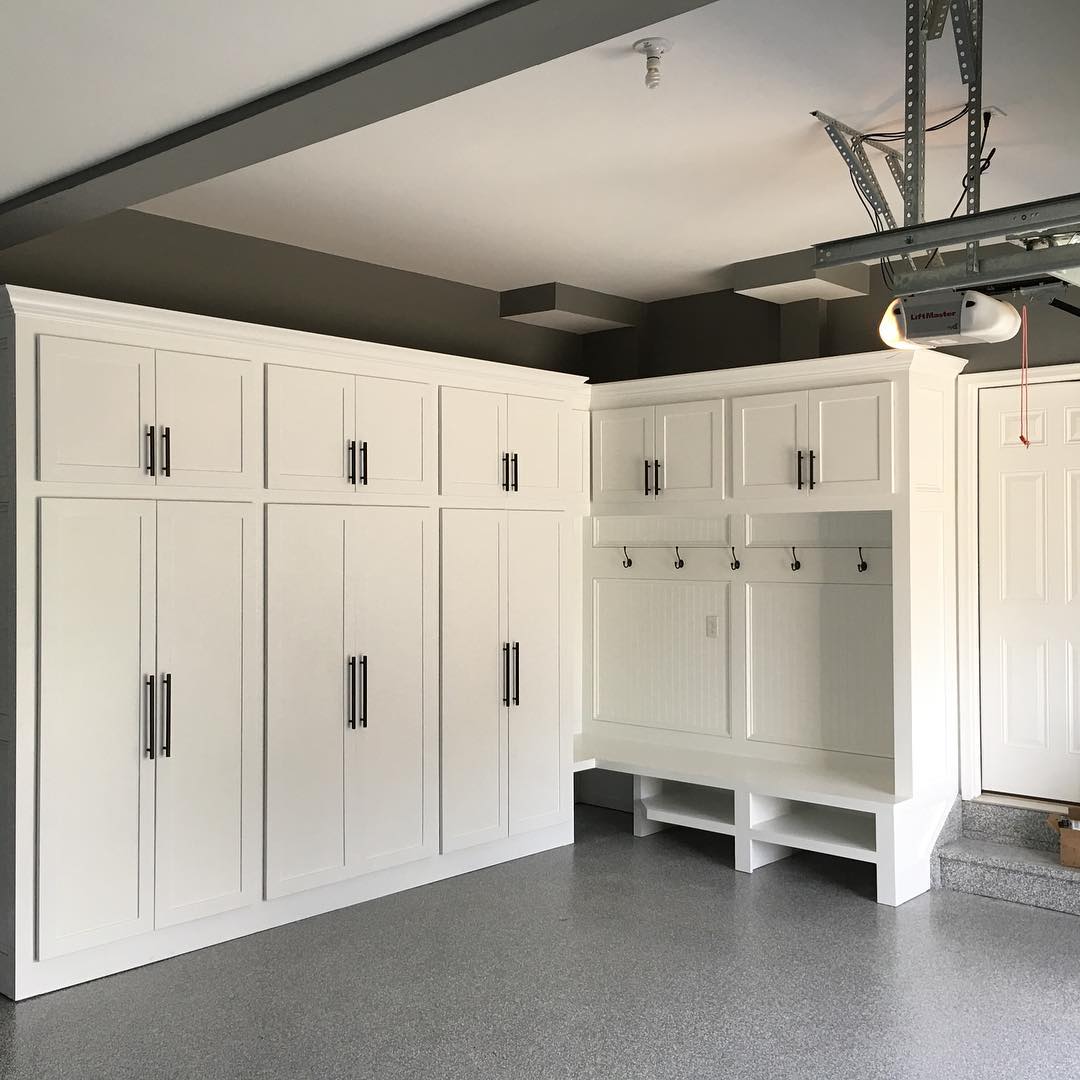 Interior of garage with built-in storage. Photo by Instagram user @aminteriorwood