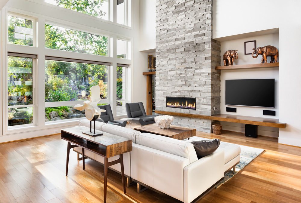Modern living room with stone fireplace