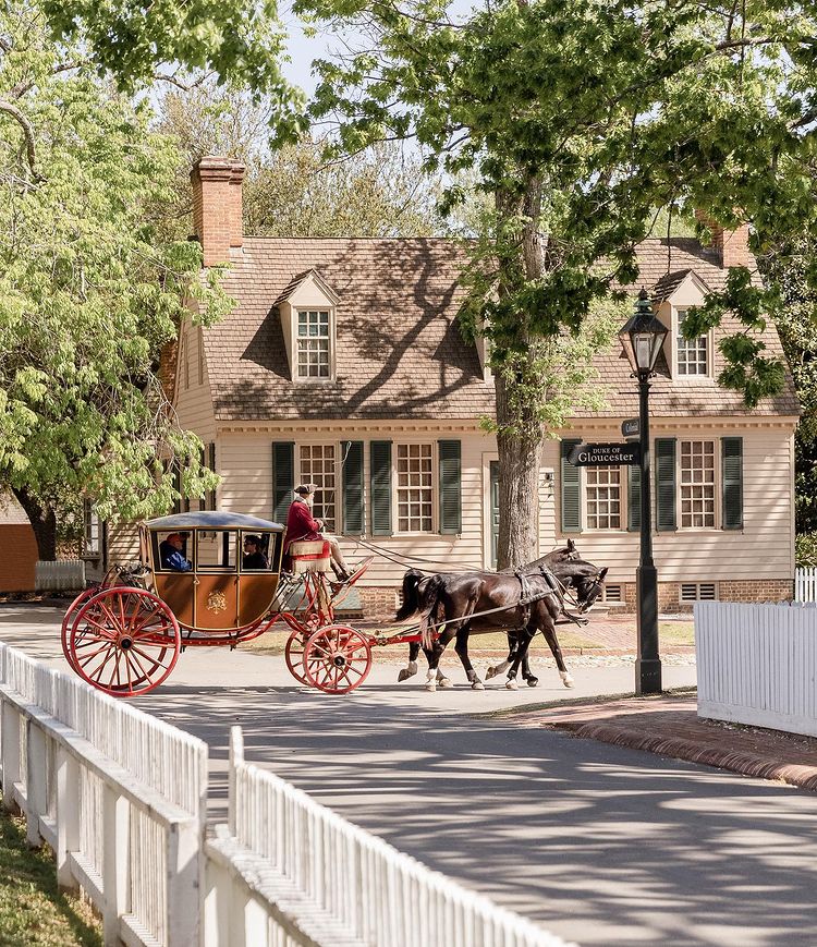 Golden Carriage being pulled by a horse with a white house in background Photo via @Travel_far_and_prosper