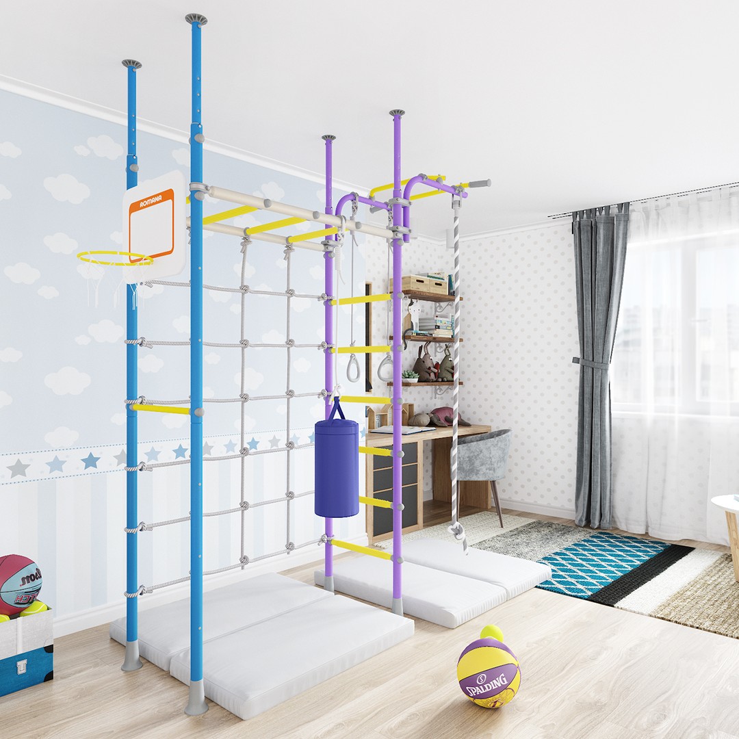 Mini indoor kids playground with climbing ropes, basketball hoop, and punching bag. Photo by Instagram user @fitnesskid.