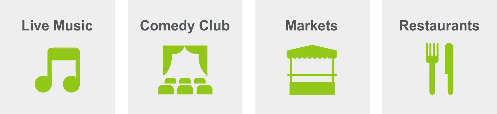 Activities in Deep Ellum include live music, comedy club, markets, and restaurants. 