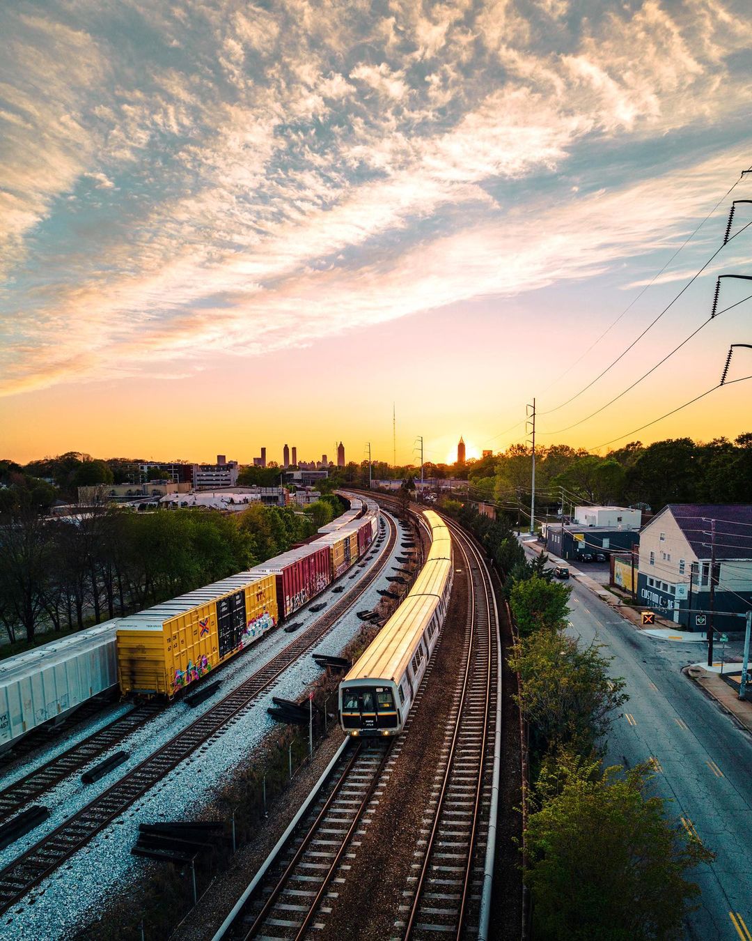 Sunset drone shot of Atlanta train. Photo by @jerrito1.