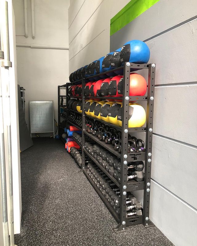 Home Gym with Shelving Set Up with Wallballs and Dumbbells. Photo by Instagram user @forwardfitnesseu
