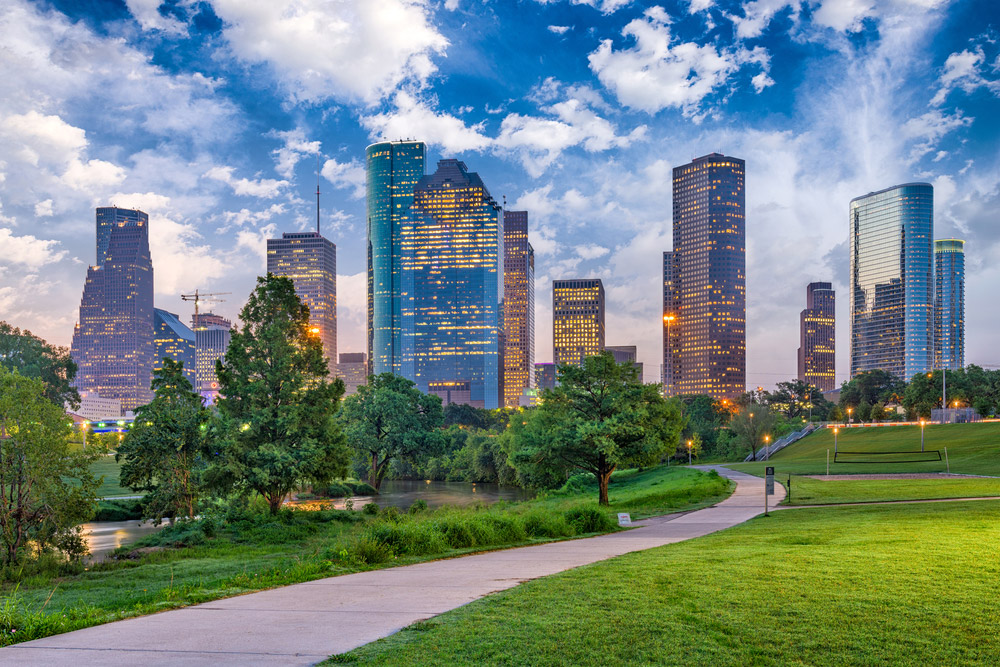 overlooking downtown Houston, Tx from a city park