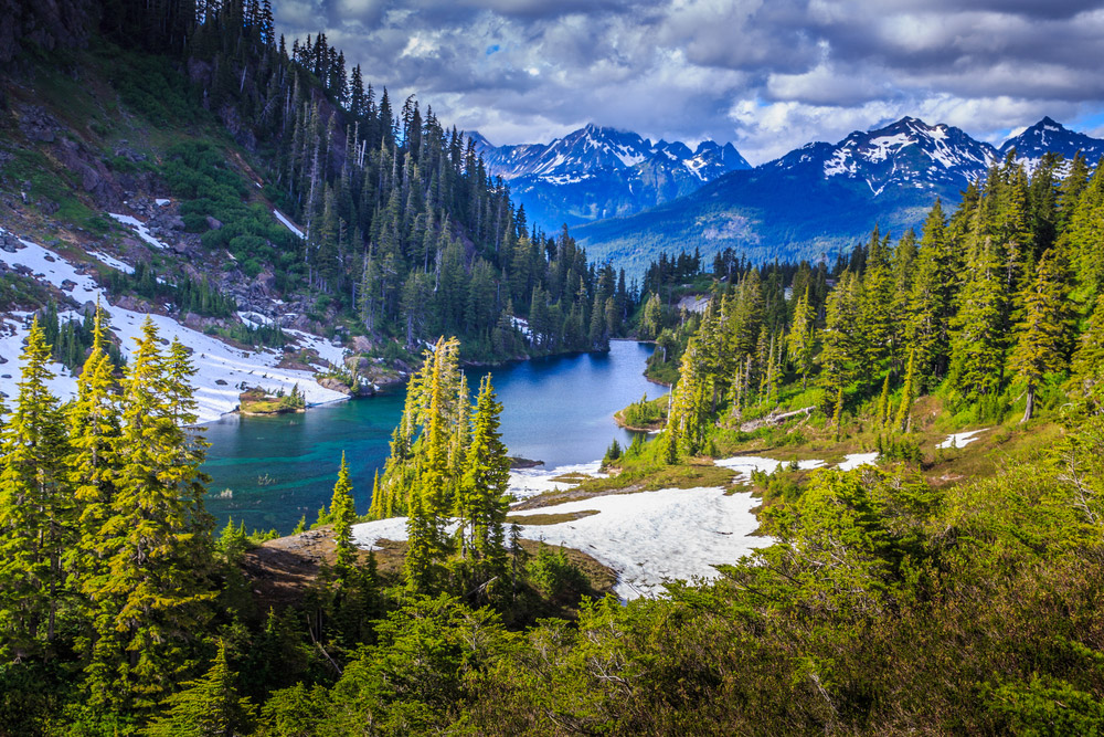 snow topped mountain landscape with a flowing river