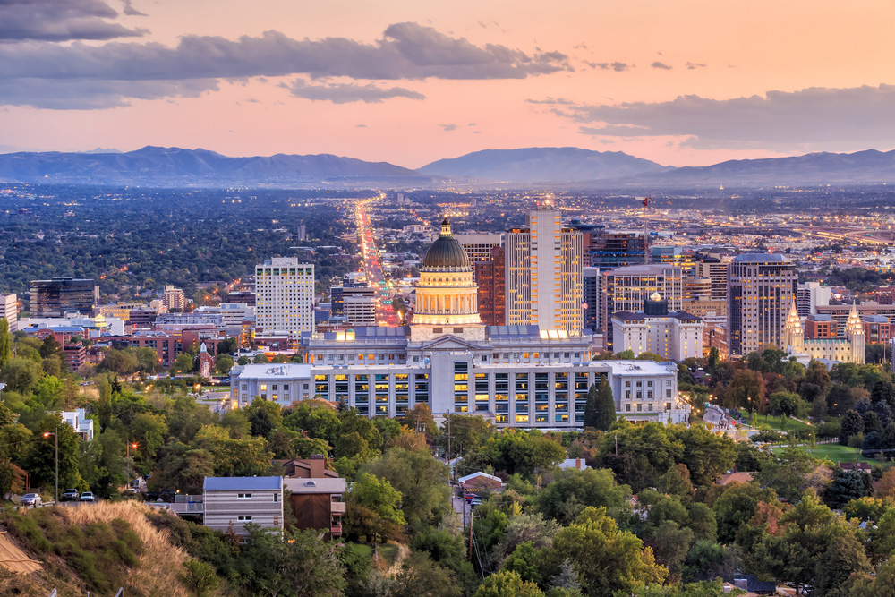 aerial view of downtown salt lake city at sunset