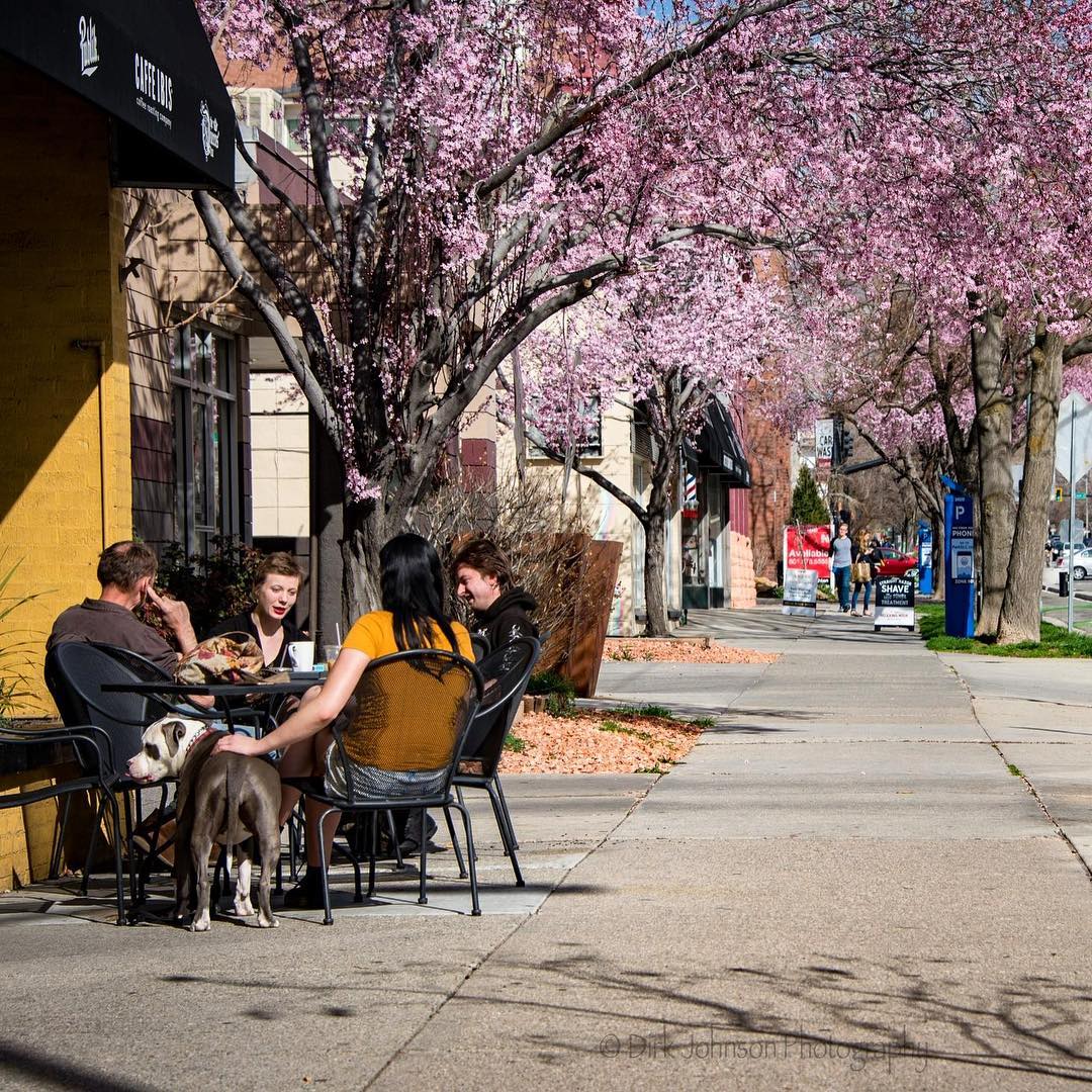 Sidewalk view of a street in Salt Lake with people sitting outside and trees in full bloom with pink and purple flowers. Photo by Instagram user @dirkjohnson