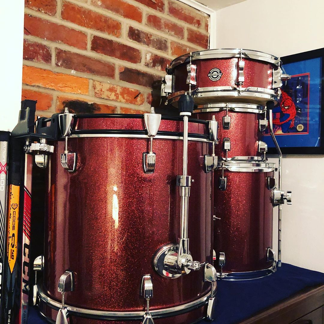 drum kit stored in a small closet space photo by Instagram user @ericproctorpercussion