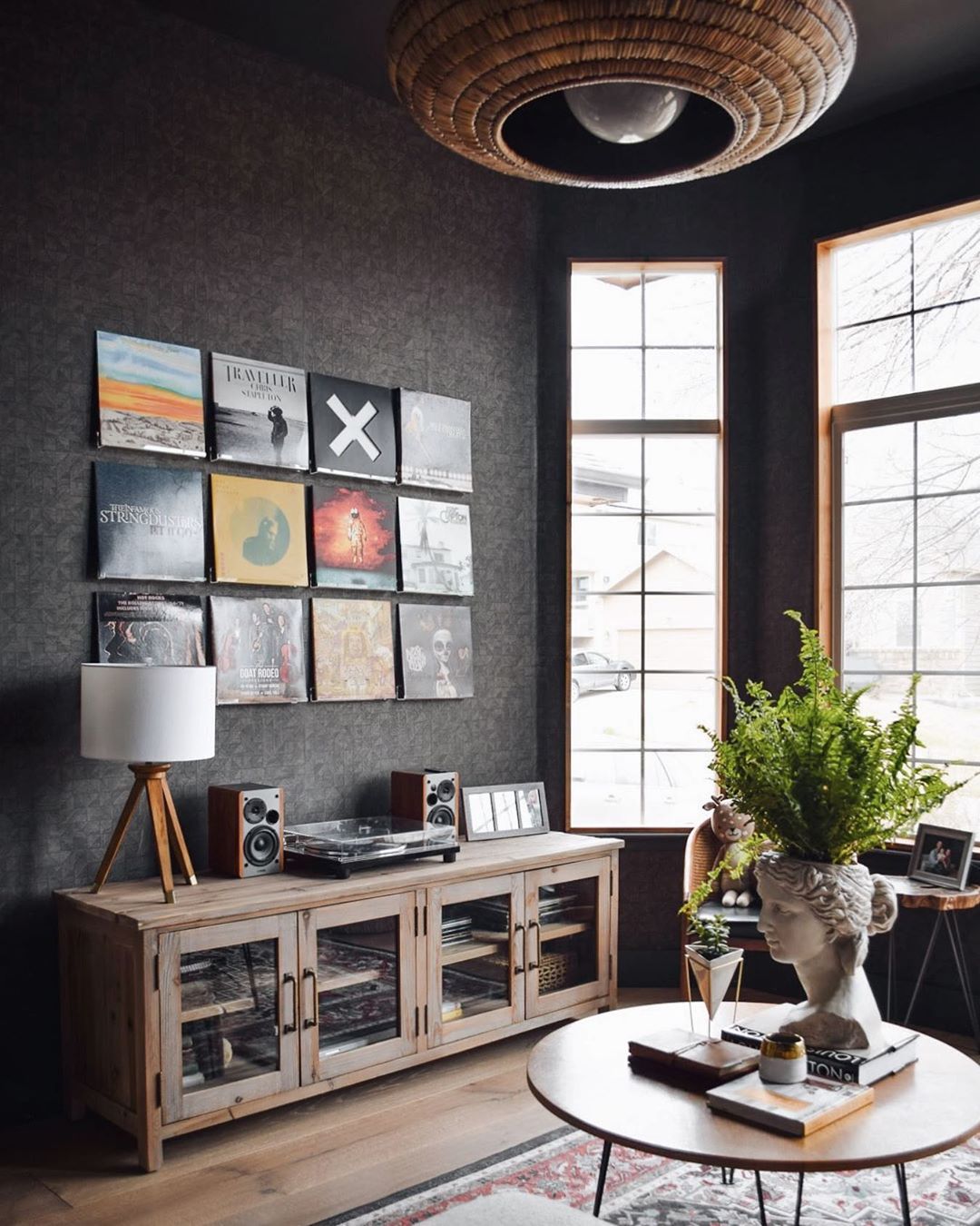 music room decorated with vinyl records on the wall photo by Instagram user @nest.out.west
