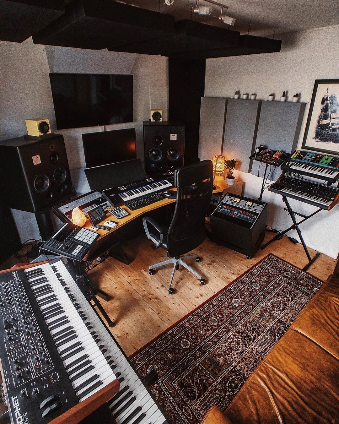 home recording studio with rug on the floor to help with soundproofing photo by Instagram user @deafbirdsound