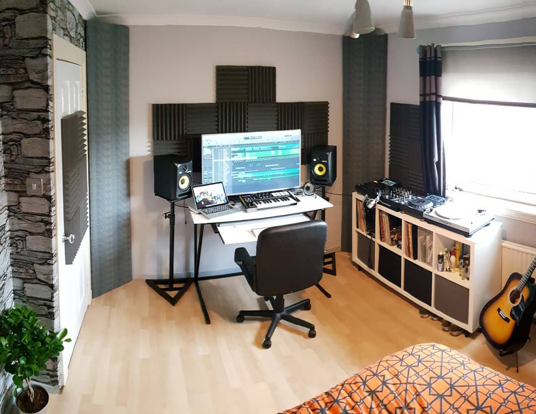 home music studio space with computer and chair and sound proof walls photo by Instagram user @robbiegalloway247