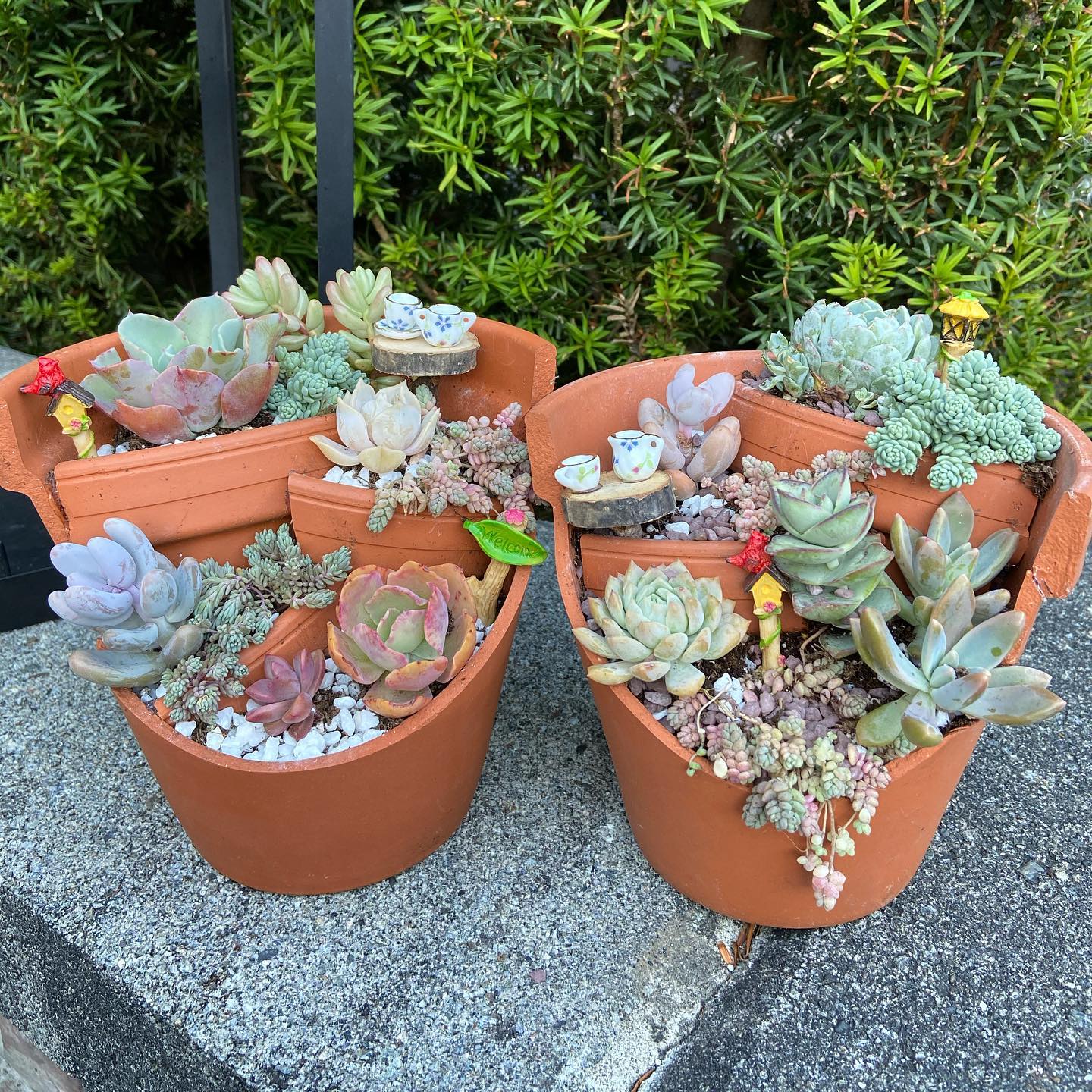 Upcycled terra cotta pot with succulents and fairy garden accents. Photo via Instagram user @mini.fairy.gardens