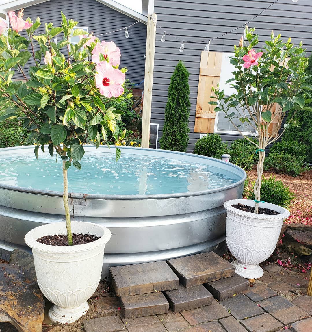 Silver stock pool surrounded by pink flowers. Photo by Instagram user @86andeverettedesignco