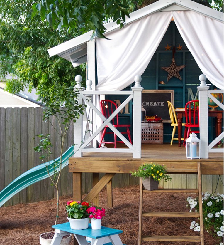 Backyard Kid's Play House with Slide. Photo by Instagram user @thehandmadehome