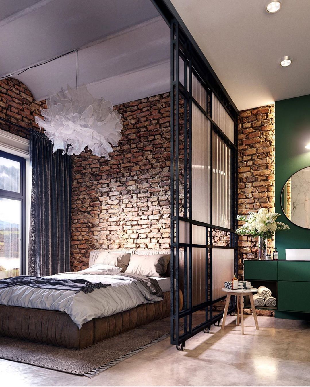 full length room divider set up next to bed in between bedroom and living room photo by Instagram user @homeasy.loft