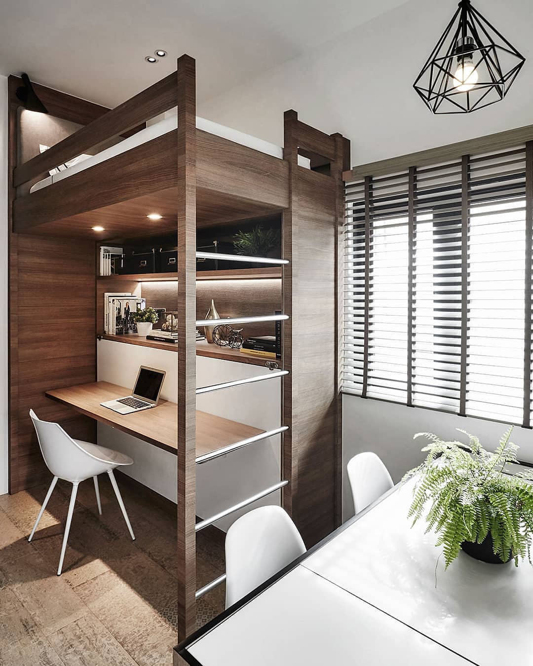 Studio Apartment Loft Bed with Office Below. Photo by Instagram user @iconinteriordesign