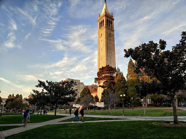 Sather Tower at twilight on University of California, Berkeley. Photo by instagram user @berkeleytime.lapse
