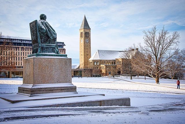 Snowy grounds covering the campus of Cornell University. Photo by Instagram user @cornelluniversitycals 