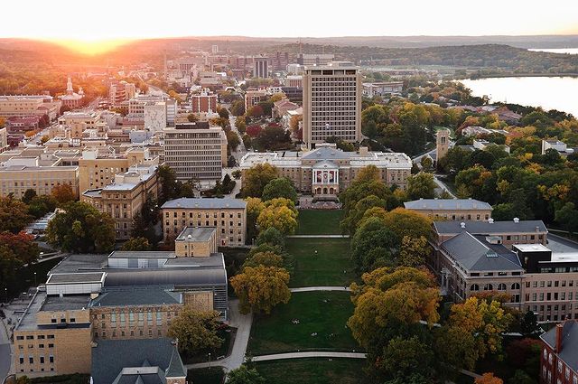 Daybreak over the University of Wisconsin-Madison campus buildings. Photo by Instagram user @uwmadison's profile picture uwmadison