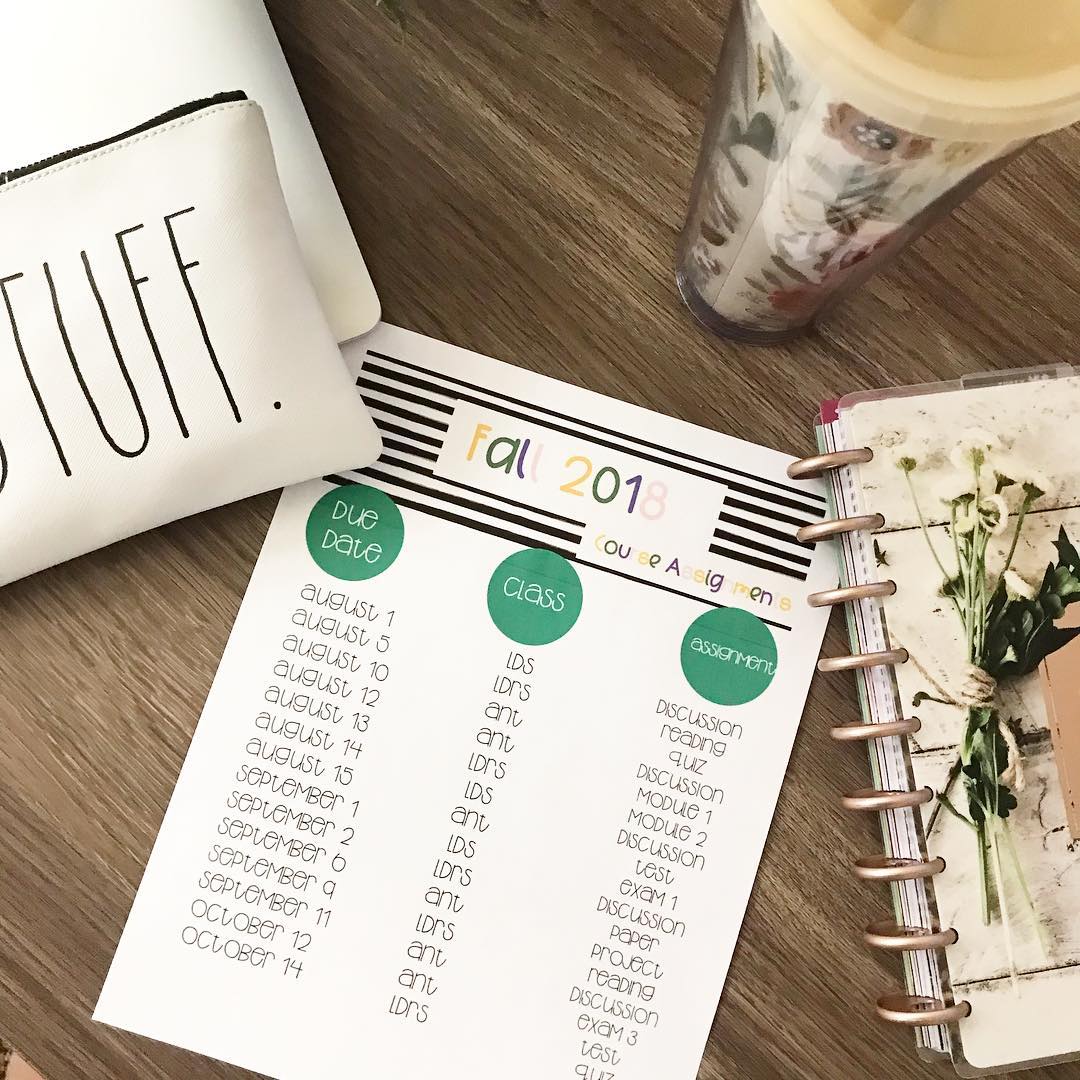 Class Schedule and Due Dates for Fall 2018. Photo by Instagram user @alexanicolestone