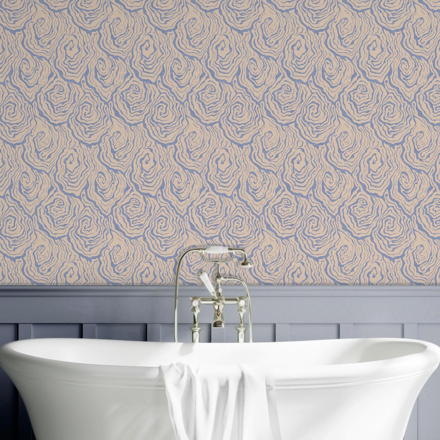 Oyster print bathroom wallpaper with bathtub. Photo by Instagram user @printsisters_archive