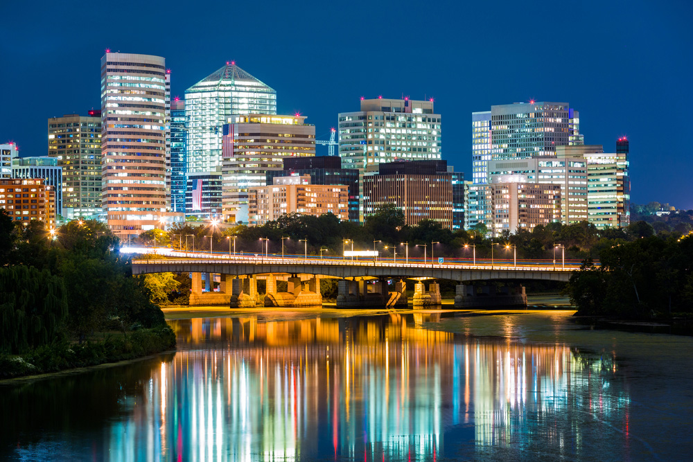 Arlington, Virginia city skyline at night.