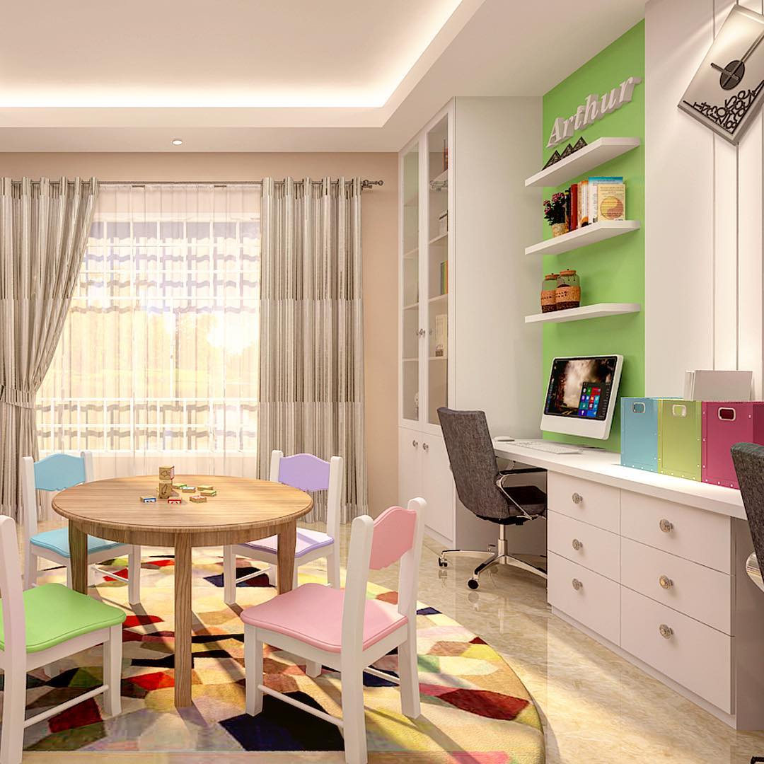 Kids study room with brightly colored walls and decor.