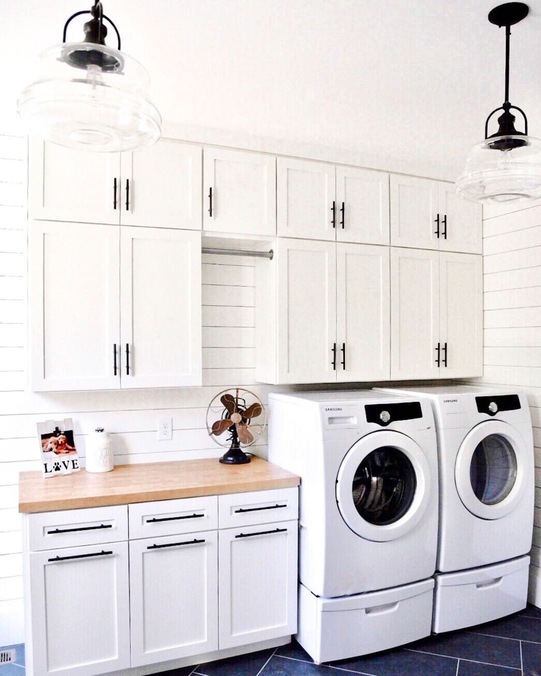 Spacious farmhouse-style laundry room. Photo by Instagram user @brunoandlibby