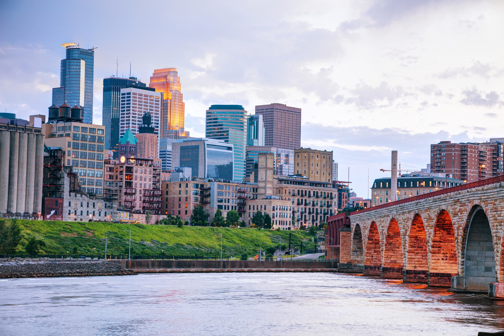 Minneapolis, Minnesota river-front city skyline.
