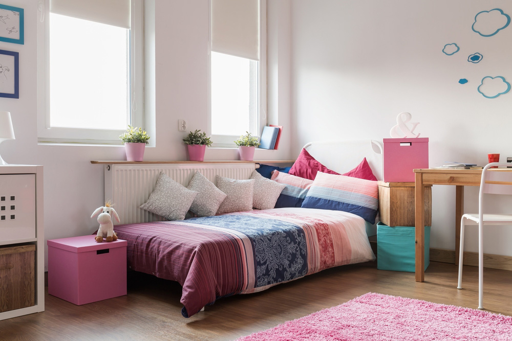 Pink and blue upgraded teen bedroom design.