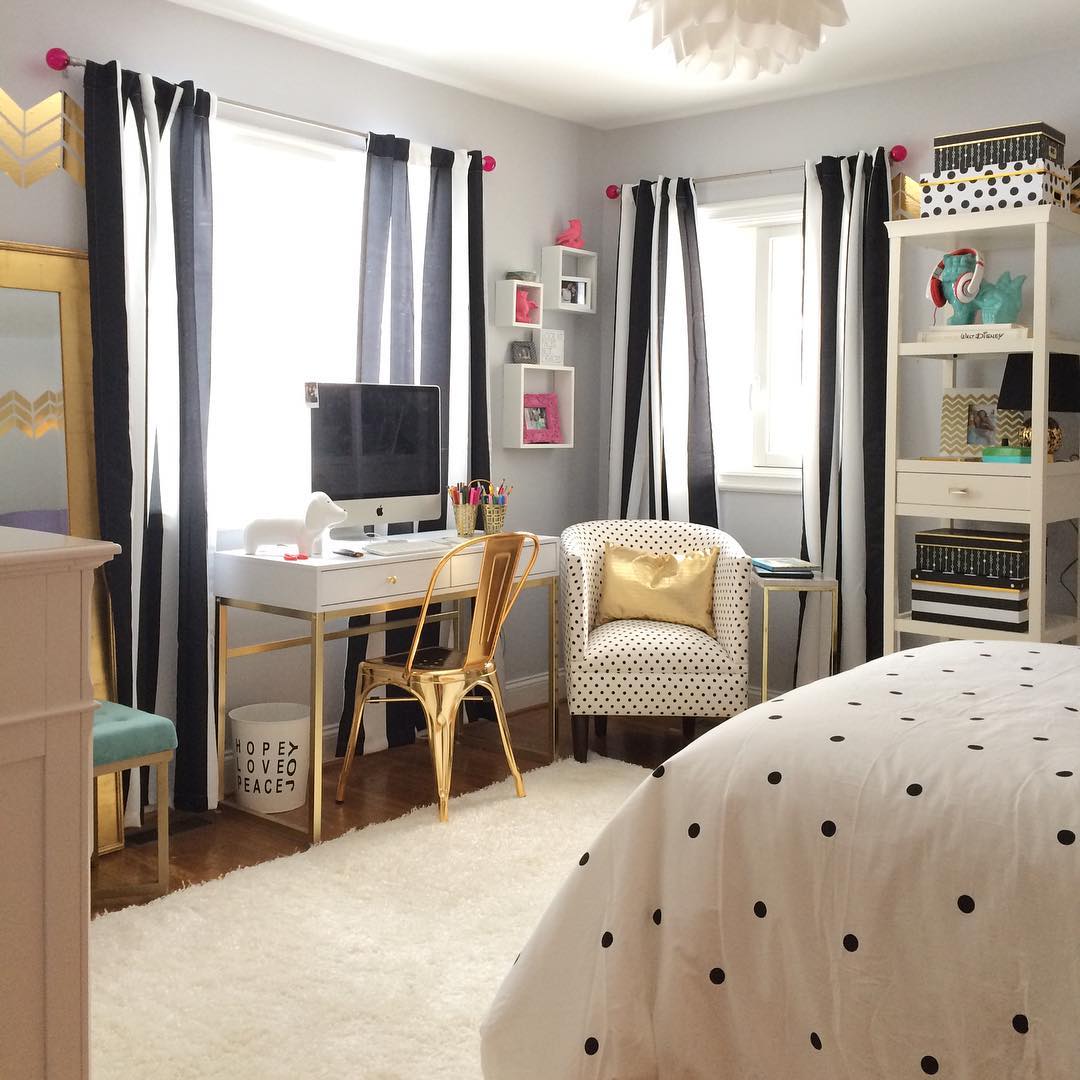 Teen bedroom with bold accent furniture.
