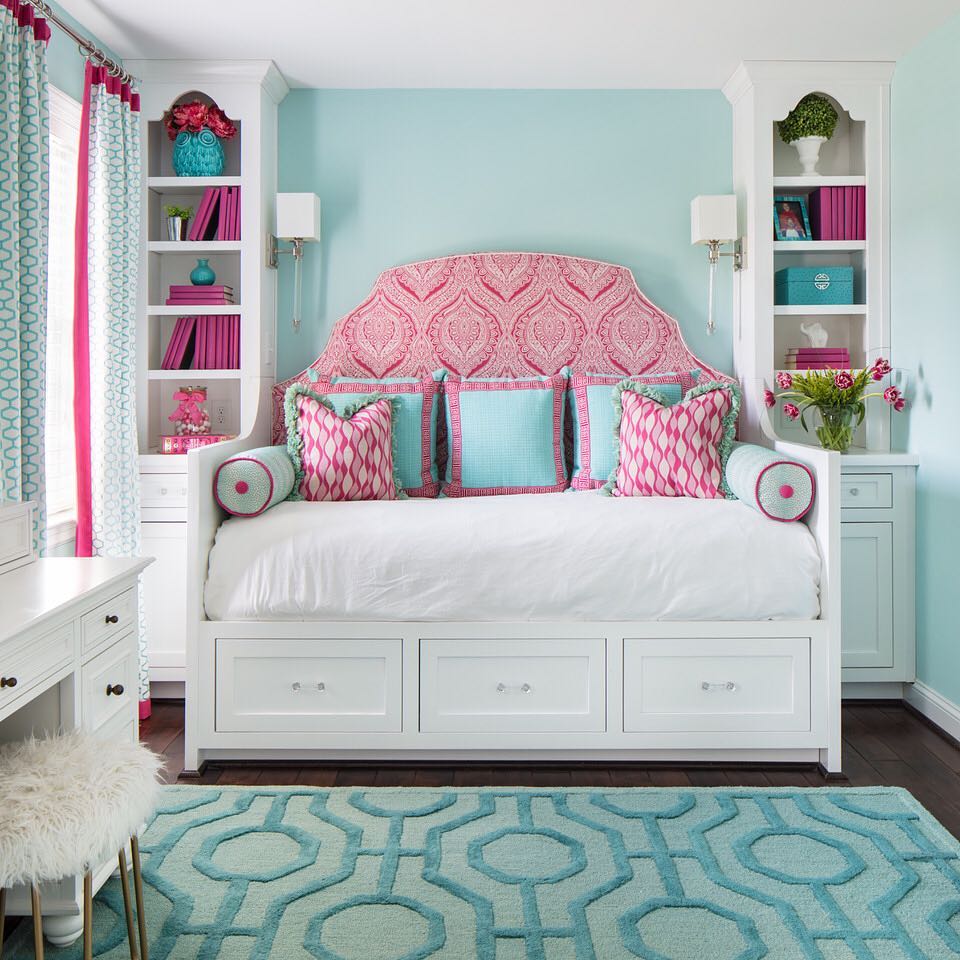 Teen girls bedroom with bright, vibrant colors.