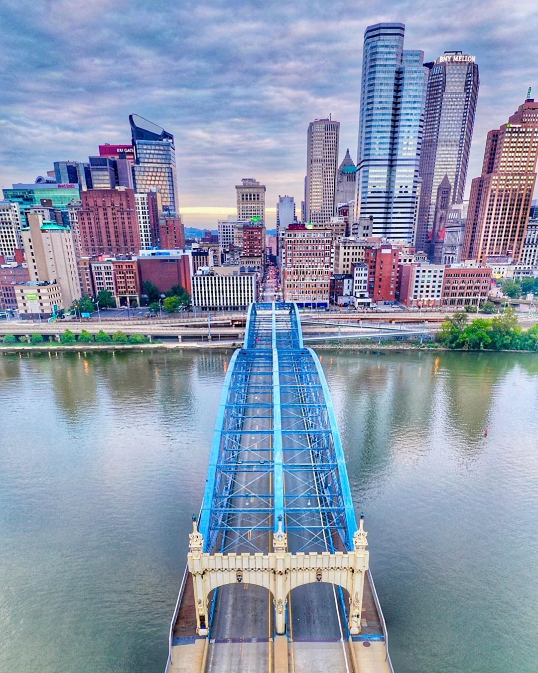 Drone photo of Smithfield Bridge looking into Downtown Pittsburgh. Photo by Instagram user @berksbr