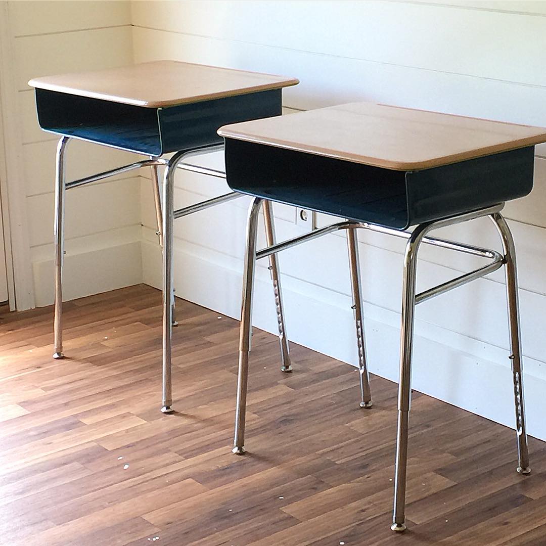 Repurposed school desks.