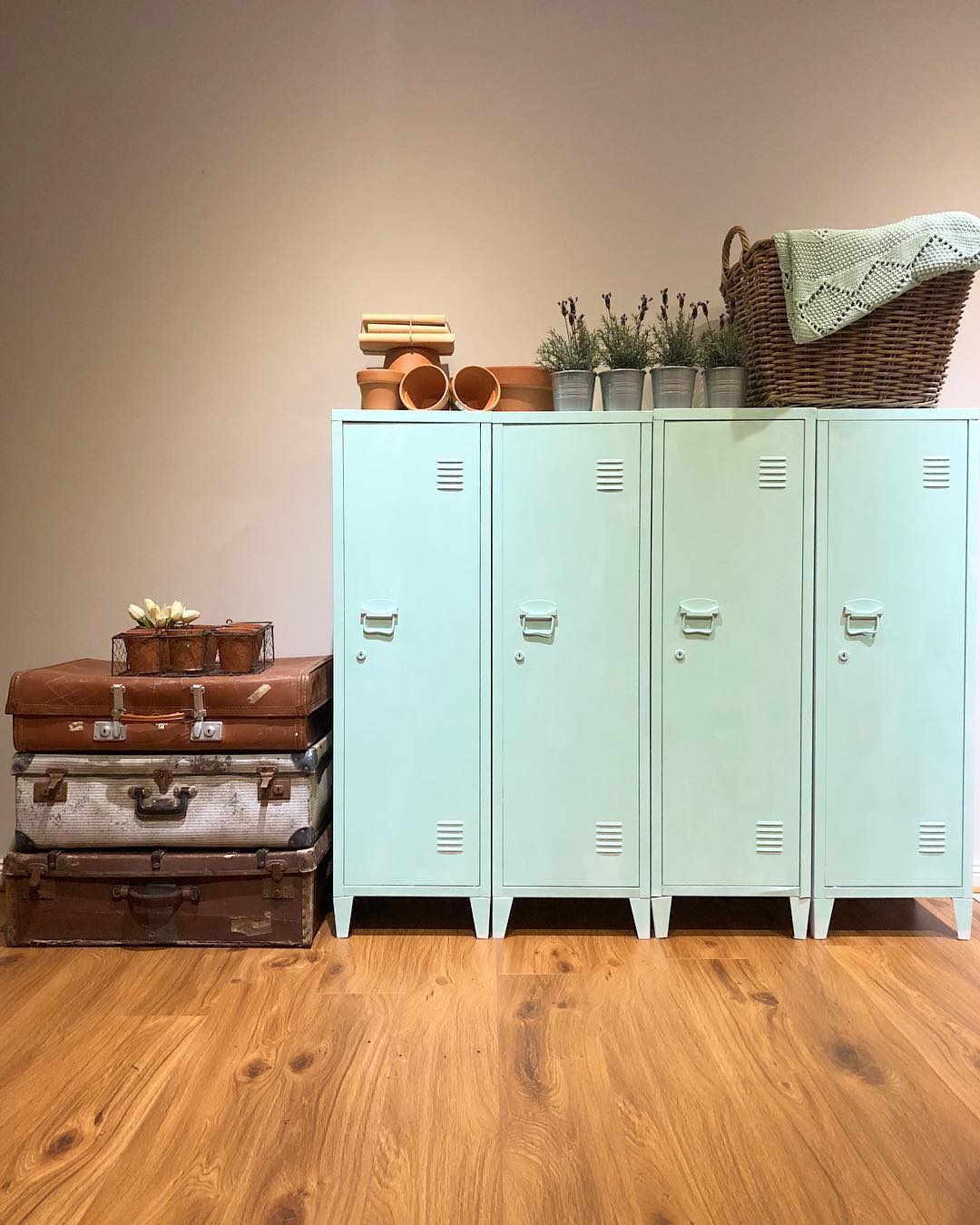 Old Light Blue Lockers Installed in a Basement for Storage. Photo by Instagram user @provincialfarmtouch