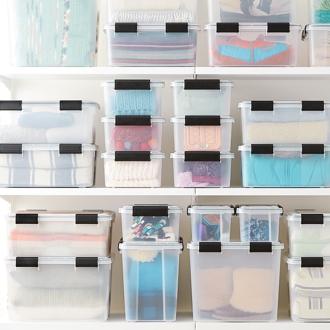 Shelves Filled with Plastic Totes. Photo by Instagram user @thecontainerstore