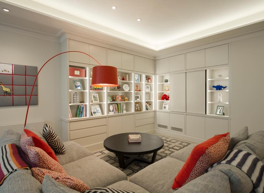 Basement Set Up Around Shelving Corner. Photo by Instagram user @hhuntinteriors