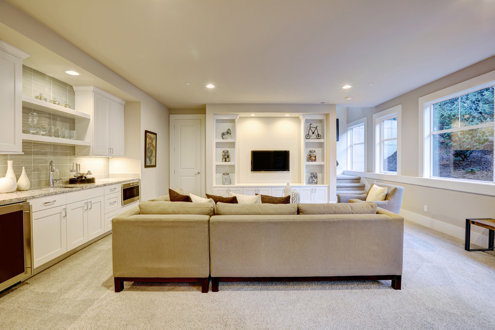 Organized basement with tan couch