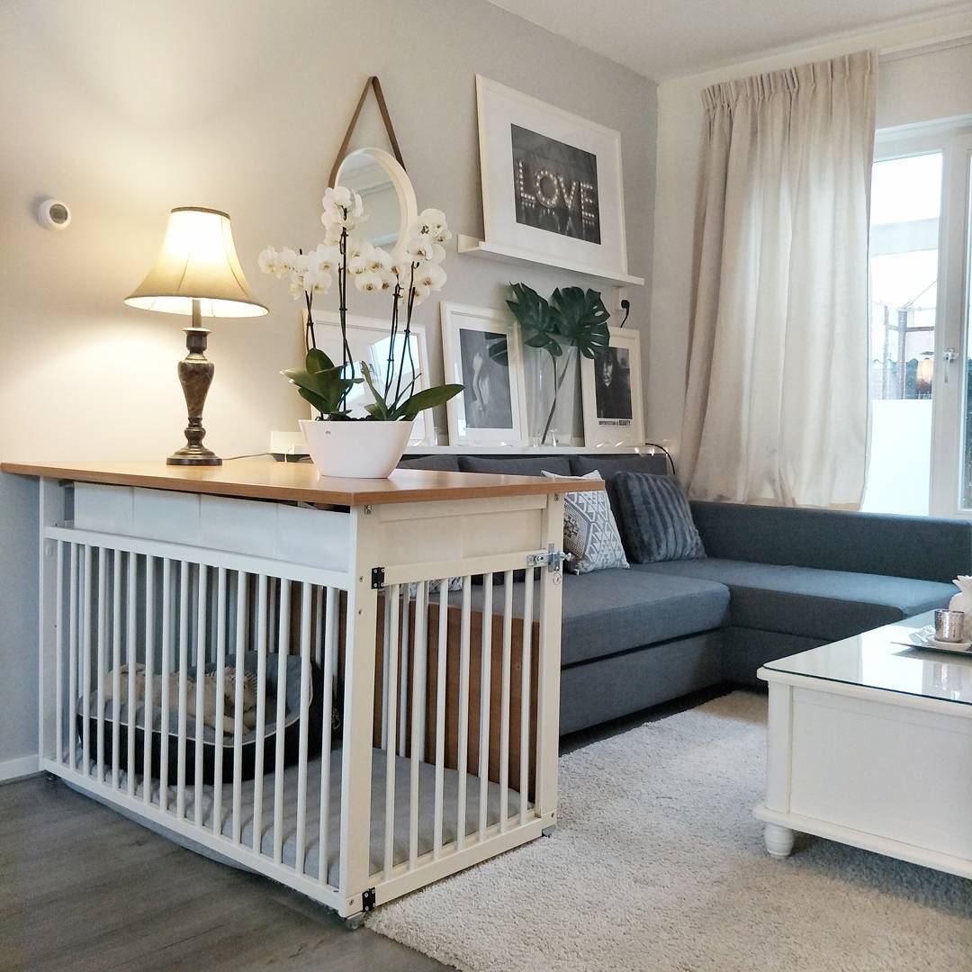 White Dog Crate Built into Living Room Furniture. Photo by Instagram user @eyusman