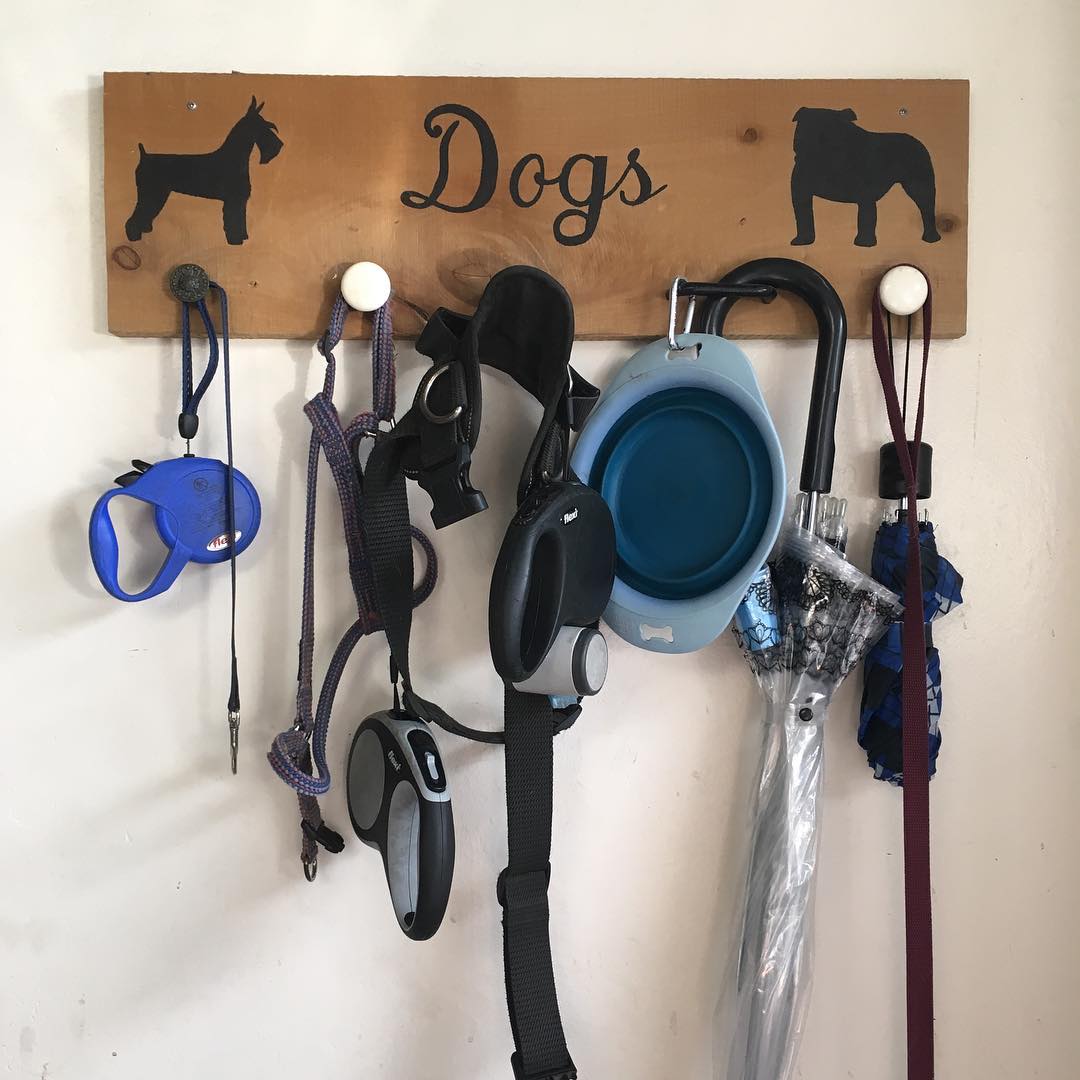 Hooks for Dog Leashes and Collars on Wall. Photo by Instagram user @returning_to_simple