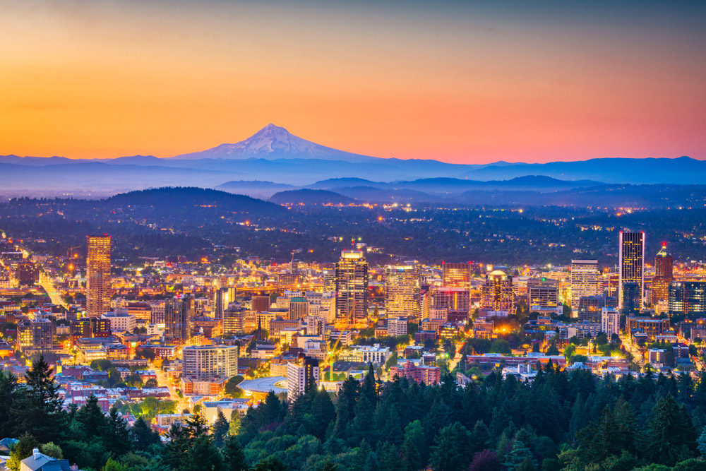 Portland, Oregon city skyline at sunset.