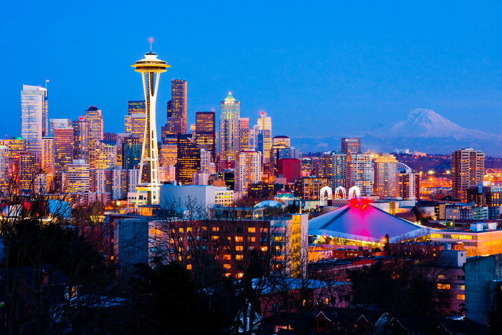 Seattle, Washington city skyline at sunset.