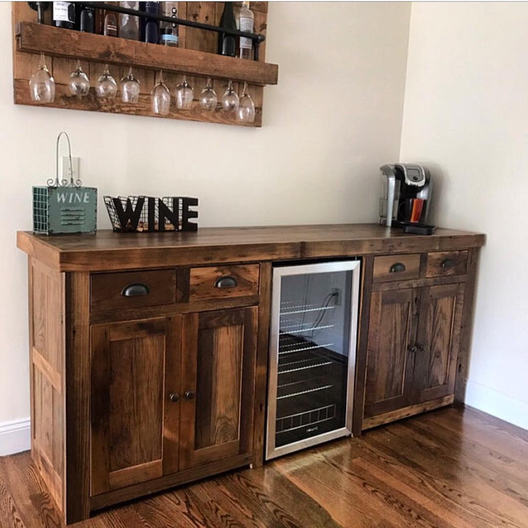 Wooden Wine Cabinet with Refrigerator Built In. Photo by Instagram user @uniquecustomfurniture