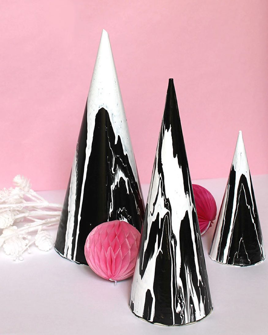 Homemade Glossy, Marbled Decorative Christmas Trees. Photo by Instagram user @persialou